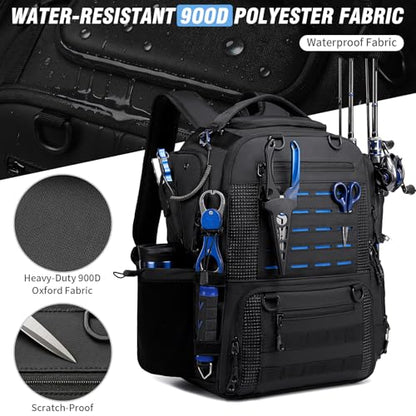 Fishing Tackle Backpack with Tackle Boxes, Two Rod Holders, Bottle Holder, 50L Waterproof Tackle Bag for Fishing Gear, Fish Gifts for Men, Black (4 Tackle Boxes Included - color: Black（4 Tackle Boxes Included）