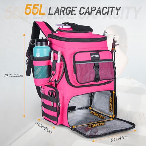 Goture Fishing Backpack,900D Water-Resistant Tackle Bag with Rod Holders, Insulated Cooler Compartment,55L Large Capacity Fishing Gear Storage for Saltwater&Freshwater Camping Hiking,Gifts for Women - color: A2:pink(without Tackle Boxes)