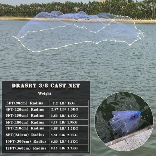 Drasry Saltwater Fishing Cast Net 3/8 and 1/4 Mesh with Heavy Duty Gray Sinker American Monofilament Fish Throw Net for Bait Trap 3FT 4FT 5FT 6FT 7FT 8FT 9FT Radius - size: 7FT Radius, style: 3/8 Mesh 0.6 Lb/Ft