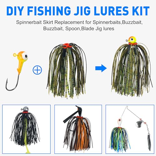Silicone Jig Skirts Bass Fishing Lure Skirts with Tube Rattles 50 Strands Spinnerbait Buzzbaits Skirts Replacement DIY Squid Jig Bass Spinner Bait Fly Tying Material - color: 6pcs