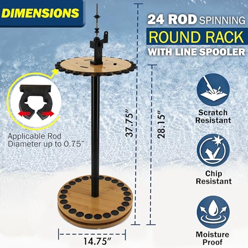Rush Creek Creations 24-Rod Fishing Rod Holder 360° Rotating Built-in Spooler 14.75"x37.75" Light Wood