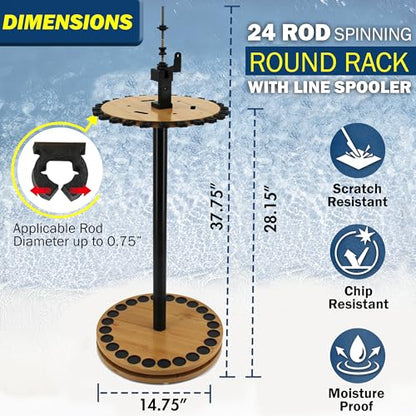 Rush Creek Creations 24-Rod Fishing Rod Holder 360° Rotating Built-in Spooler 14.75"x37.75" Light Wood