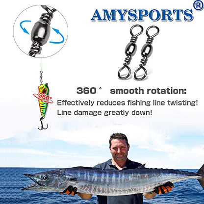 AMYSPORTS High Strength Fishing Swivels Barrel Solid Ring Barrel Fishing Swivel Rolling Fishing Tackle Line Connector Saltwater Freshwater Stainless Steel Accessories - size: Size1 (106lb) 50 pcs