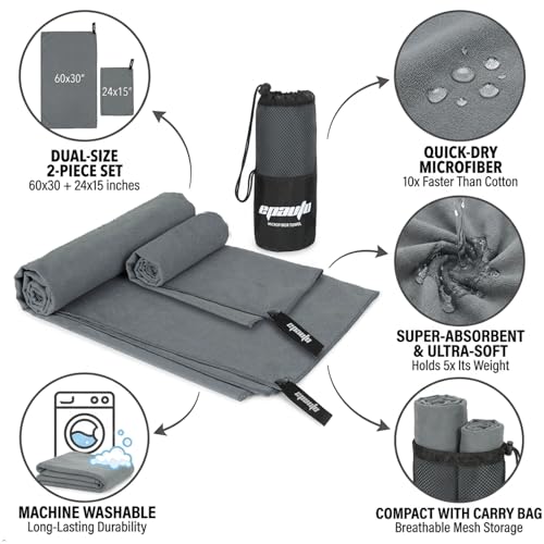 EPAuto 2-Pack Microfiber Quick Dry Travel Towel Set, Gray | Lightweight, Super Absorbent, Compact, 60"x30" & 24"x15", for Gym/Camping/Beach/Yoga/Backpacking - color: Grey