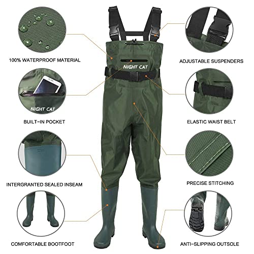 Night Cat Fishing Waders for Men Women Waterproof Hunting Chest Wader with Bootfoot Belt Breathable Lightweight Size 6 to 14 - color: Green, size: 14