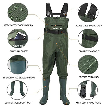 Night Cat Fishing Waders for Men Women Waterproof Hunting Chest Wader with Bootfoot Belt Breathable Lightweight Size 6 to 14 - color: Green, size: 13