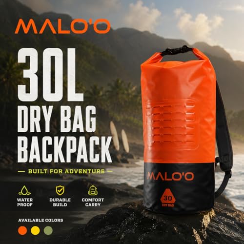 Malo’o DryPack 30L Waterproof Kayak Dry Bag, Heavy Duty Roll-Top Dry Bag with MOLLE Grid and Carry Straps for Fishing, Paddle Boarding, Boating, Camping, and Travel, Orange - color: Orange, style: 30l Dry Bag