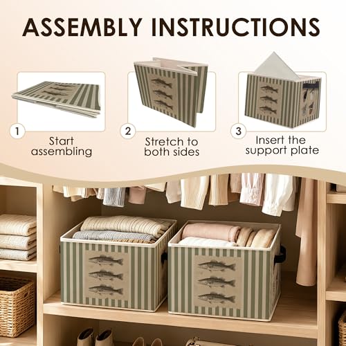 Coastal Beach Fishing Storage Bins with Handles, Olive Green Striped Sea Bass Fish Collapsible Clothes Toys Books Organizer Basket for Beach House Home Bedroom Bathroom