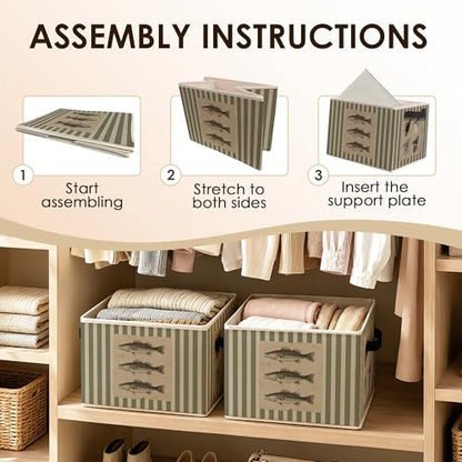 Coastal Beach Fishing Storage Bins with Handles, Olive Green Striped Sea Bass Fish Collapsible Clothes Toys Books Organizer Basket for Beach House Home Bedroom Bathroom