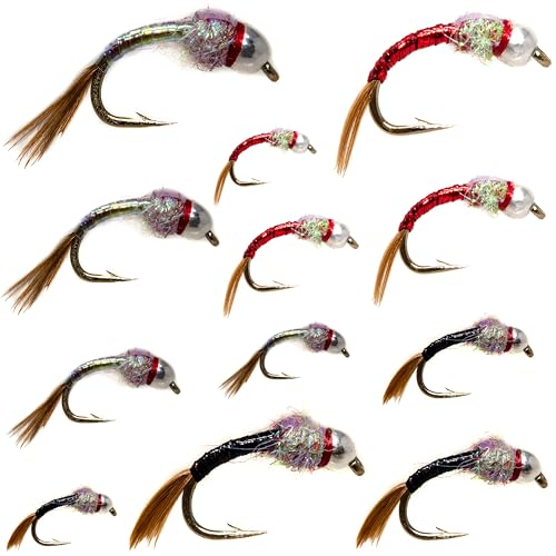 Outdoor Planet 12/24 Fly Fishing Flies Kit Fly Assortment, Dry Flies Wet Flies Streamers Nymphs Flies, Fly Fishing Assortment Kit for Bass Trout Salmon Fishing - color: 12 Rainbow Warrior Midge Nymph
