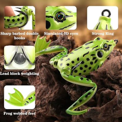 Weedless Topwater Frog Lures - 5PCS Hollow Body Frog Lures for Walleye Fishing, Realistic Soft Plastic Swimbaits with Double Hooks for Freshwater Saltwater, Musky Pike Trout Snakehead