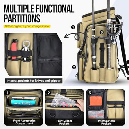 PLUSINNO Fishing Backpack with Rod Holders, 42L Large Water-Resistant Tackle Bag for Fishing, Camping, Hiking, Gifts - Khaki - color: Khaki