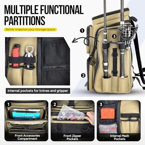 PLUSINNO Fishing Backpack with Rod Holders, 42L Large Water-Resistant Tackle Bag for Fishing, Camping, Hiking, Gifts - Khaki - color: Khaki