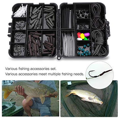 Carp Fishing Tackle Set, 136 Pc Terminal Rigs Kit with Bait Needles Hooks Silicone Tubes Beads Sleeves for Carp Anglers Hair Rig Construction (with Bait Needle)