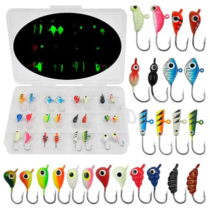 Ice Fishing Jig Kits,Luminous Ice Fishing Lures Micro Jig Head Hooks Fish Gear Tackle Accessories Winter Fishing Jigging for Crappie Pike Panfish Walleye Perch Bluegill - color: Colorful - 24pcs
