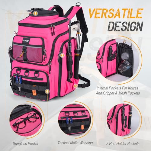 Goture Fishing Backpack,900D Water-Resistant Tackle Bag with Rod Holders, Insulated Cooler Compartment,55L Large Capacity Fishing Gear Storage for Saltwater&Freshwater Camping Hiking,Gifts for Women - color: A2:pink(without Tackle Boxes)