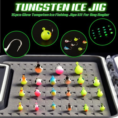 21 Piece Tungsten Ice Fishing Jigs Kit, More Effective Tungsten Ice Fishing Lure Jigs for Panfish Walleye