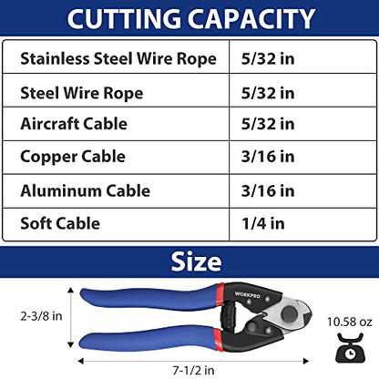 WORKPRO Cable Cutter, 7-1/2 Inch Heavy Duty Wire Rope Cutter | CR-V Steel Wire Cable with Safety Lock, Non-Slip Handle For Hard Wire Ropes, Steel Wires And Aircraft Cables