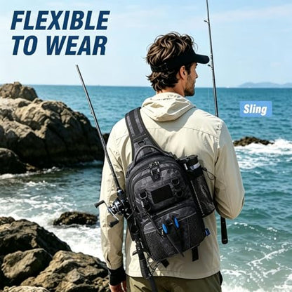 Fishing Bag, Small Fishing Tackle Sling Bag with Rod & Beverage Holder, Convertible Crossbody Shoulder Bag, Fish Gifts for Men Women, Black Camo - color: Black Camo