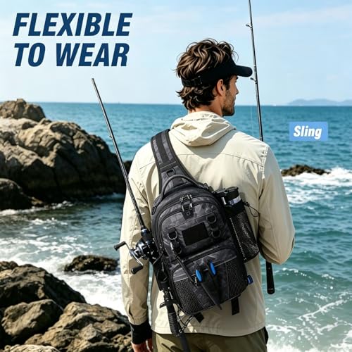 Fishing Bag with Tackle Boxes, Lightweight Fishing Sling Pack,Convertible Tackle Bag with Rod & Beverage Holder, Fishing Gear with Lures, Pliers, Lip Gripper, Black Camo with Fishing Tools - color: Black Camo（Included Fishing Tools Kit）