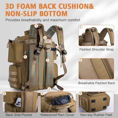 Goture Fishing Backpack with 4 Tackle Boxes,58L 900D Water-Resistant Tackle Backpack with Cooler,Rod Holders,8 Lure Pockets, Detachable Crossbody Bag,Gear Storage Large Fishing Bag for Camping Hiking - color: D1:khaki With 4 Tackle Boxes