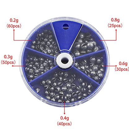 Split Shot Fishing Weights Sinkers 205Pcs 5 Sizes Weights 0.2/0.3/0.4/0.6/0.8g Round Fishing Line Sinker Removable Egg Lead Assortment