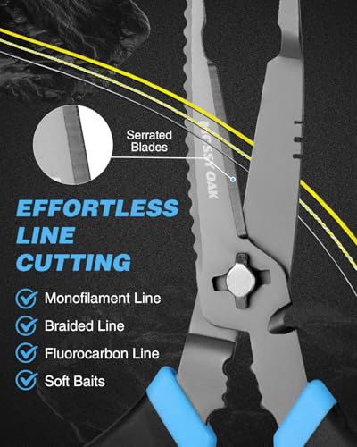 Mossy Oak 9.4" Fishing Shears, Detachable Multifunctional Large Scissors | for Braid, Mono & Fluorocarbon Line & Bait, with Scaler, Hook Remover, Bottle Opener & Sheath