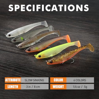 TRUSCEND Shadtale Easy Catch Soft Fishing Lures with BKK Hooks - Trembly Sinking and Vibrating Swim for More Bites, Pre-Rigged Swimbaits for Bass, Trout, Crappie, Walleye, Freshwater Saltwater Fishing - color: A-3",1/6oz