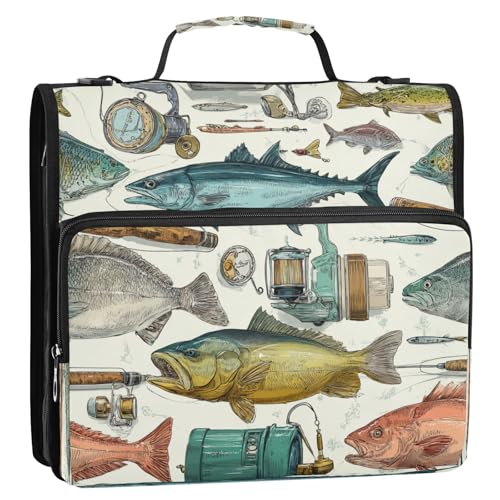 Fish Tool Sea Rods Vintage Lure 3 Ring Zipper Binder with Strap 1.5 inch 500 Sheet Capacity File Folder Storage Organizer