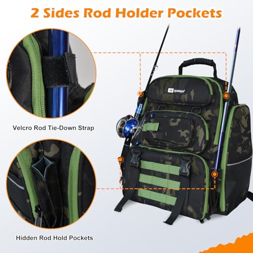 AYAMAYA 45L Fishing Backpack with 4 Tackle Boxes, Large Tackle Backpack with Rod Holders, Rubber Feet, Outdoor Multifunctional Fishing Bag Gear & Equipment for Camping, Hiking - color: Camo, 4 Tackle Boxes