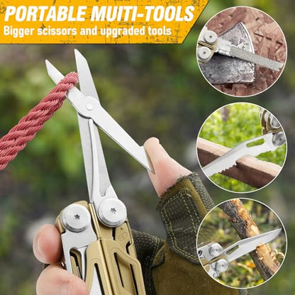 BIBURY Multitool Pliers Pro BI2045, 31-in-1 Stainless Steel Multi Tool with Replaceable Wire Cutters and Saw, Foldable Heavy-duty Multitool Set with Scissors and Screwdriver for Hiking Camping Repair - color: Golden