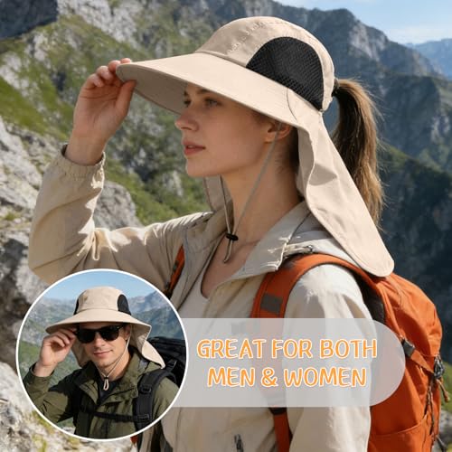 Sun Hat for Men Women with Neck Flap,UPF 50+ UV Protective Hiking Fishing Hats,Wide Brim Sun Hat for Women&Men - color: 1pack-beigesleeves