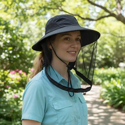 Mosquito Fishing Safari Mesh Net Hat with Neck Flap, Sun Protection Women Men Bug Cap, Hidden Netting Boonie - color: Black
