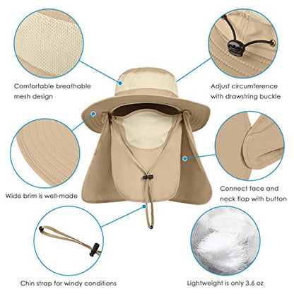 IYEBRAO Mens Outdoor Sun Hat with Face Neck Flap UV Protection Wide Brim Fishing Hat for Hiking Safari Gardening UPF 50+ - color: Khaki