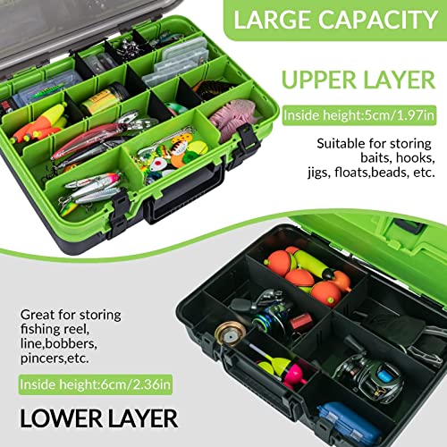 THKFISH Fishing Tackle Box Organizer Double Layer Tackle Storage Fishing Boxes Outdoor Box with Adjustable Dividers 14.96 * 10.23 * 4.5in Green - color: A-GREEN-double sided tackle box