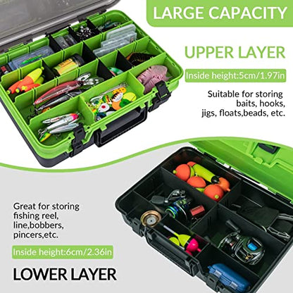THKFISH Fishing Tackle Box Organizer Double Layer Tackle Storage Fishing Boxes Outdoor Box with Adjustable Dividers 14.96 * 10.23 * 4.5in Green - color: A-GREEN-double sided tackle box