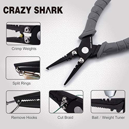 Fishing Pliers, Stainless Steel Fishing Tools, Saltwater Resistant Fishing Gear, Tungsten Carbide Cutters, Split Ring Pliers, Hook Remover with Coiled Lanyard and Sheath - color: Grey - 6" Split Ring Nose