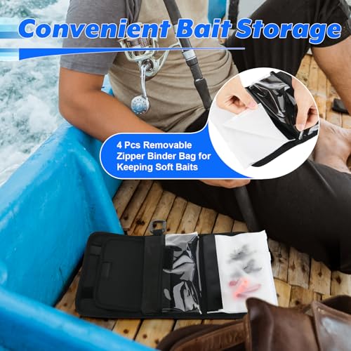 Cosmos Fishing Tackle Organizer Wallet Wrap with Fishing Spinner Baits Clear Case Bag & 4 Removable Fishing Lure Storage Zipper Sleeve Soft Bait Binder Pocket with Hanging Hook for Fishing & Fisherman
