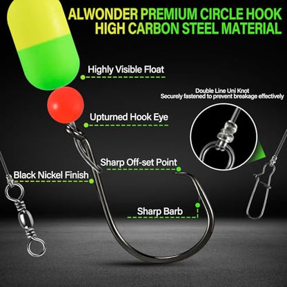 Alwonder 5-Pack Pompano Rigs Surf Fishing Rigs with Snell Floats, Saltwater Live Bait Rig Swivels Duo Lock Snaps Circle Wide Gap Kahle Hooks Rig for Beach Surf Casting Pier Jetty Fishing - color: Green & Yellow 5-Pack, size: #2/0 Circle Hook