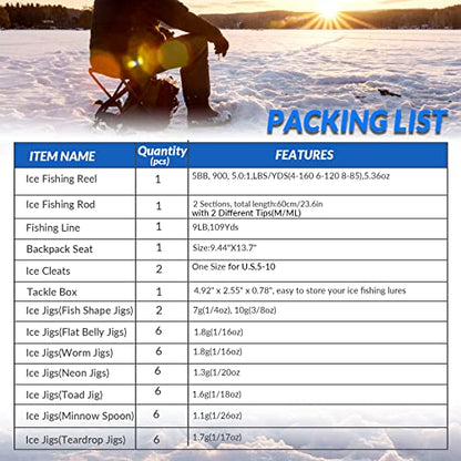 QualyQualy Ice Fishing Rod Reel Combo Complete Set Ice Fishing Gear with Backpack Seat Ice Cleats Ice Fishing Jigs Line Full Ice Fishing Kit 24" 26" - style: Spinning Reel Combo