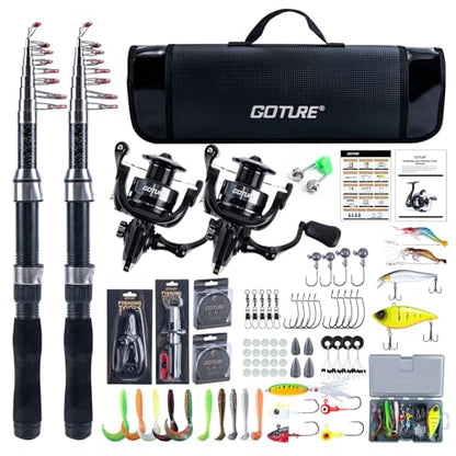 Goture Fishing Rod and Reel Combos-2PCS 2.5M Telescopic Fishing Pole+2PCS Spinning Reels with Carrier Bag, Telescopic Rod Reel Lures Kit for Starter Travel Saltwater Freshwater