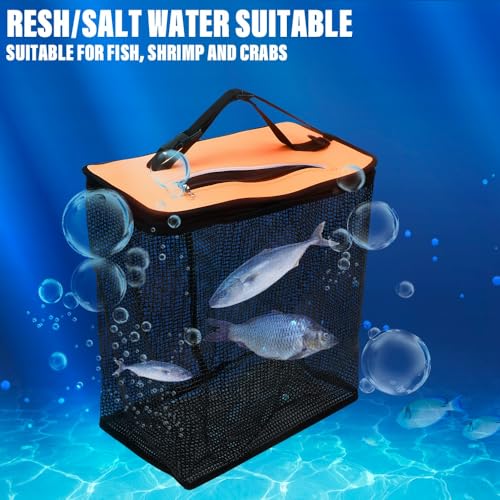 XhuangTech Floating Fishing Basket, Collapsible Fish Basket Portable Fishing Net Storage Cage for Live Caught Fish, Foldable Rubber Coated Bait Minnow Bucket 3.5/10 Gallons Live Well, Orange - size: Large