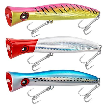 THKFISH Topwater Saltwater Fishing Lures GT Popper with 3X Strong Hook, Surf Fishing 1pc / 3pcs - color: 3pcs 3Colors (BlueLaser+RedLaser + Pink2)
