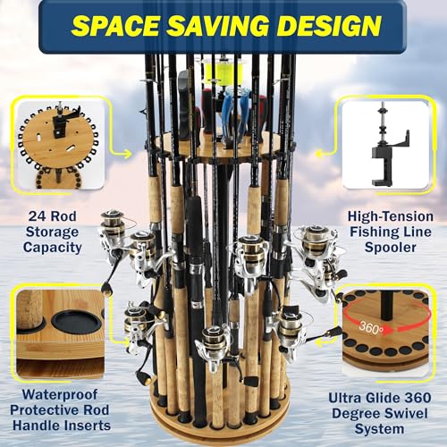 Rush Creek Creations 24-Rod Fishing Rod Holder 360° Rotating Built-in Spooler 14.75"x37.75" Light Wood