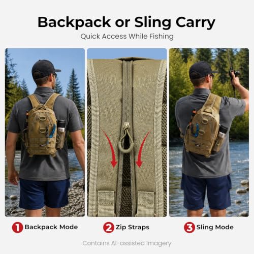 Piscifun Fishing Backpack with Rod Holder, Lightweight Sling Bag Storge Gear and Equipment - color: Khaki, size: Large, style: Latch