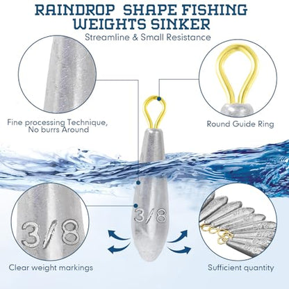 Landhoow Drop Shot Fishing Sinker Weights Kit Freshwater Catfishing Fishing Sinker Bass Casting Removable Line Saltwater Streamlined Snap Weight for Trolling Surf Tackle - size: 3/8 oz