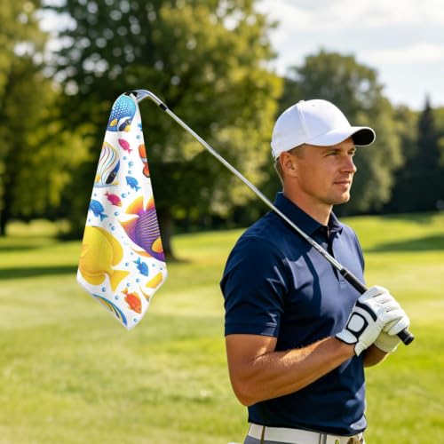 Colorful Fish Microfiber Golf Towel with Clip Magnetic for Golf Bags | Golf Essentials for Women Men Attaches to Clubs and Carts 17.7"x17.7"