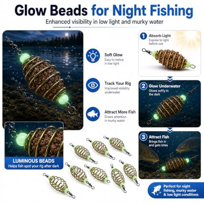 24Pcs Glowing Carp Fishing Method Feeder, Olive Shape Spring Bait Holder Cage with Luminous Beads, Inline Feeder Rig for Chicken Liver Pack Bait, Professional Fishing Accessories for Lake Rive