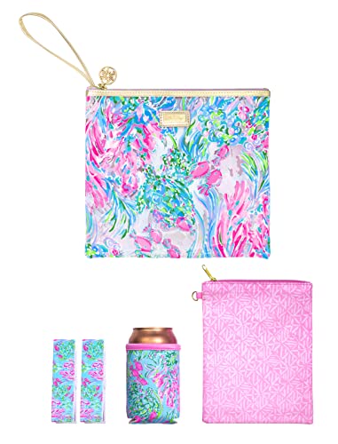 Lilly Pulitzer Water Resistant Vinyl Beach Day Pouch, Zipper Bag Includes Drink Hugger, Small Pouch, and Towel Clips - color: Best Fishes