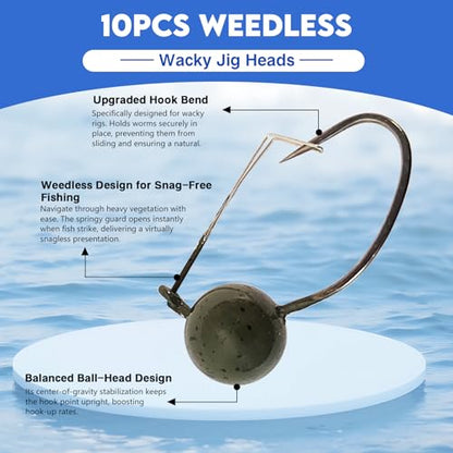 Eupheng 10PCS Weedless Wacky Jig Heads, 1/16oz 1/10oz 1/8oz 1/5oz Wacky Rig Hooks Weedless Fishing Hooks Worm Weights Hook for Bass Fishing - size: 1/16oz(1.8g)-10PCS